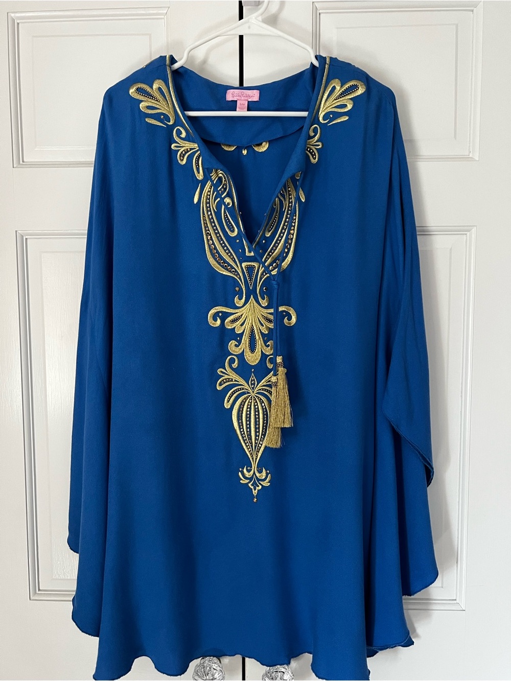 Lilly Pulitzer Emera Caftan Mini Dress Blue/Gold embroidered/tassels/beads, S/M